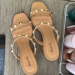 Qupid Tan Slide Sandals with Gold Pyramid Studs